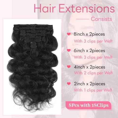 Clip in Hair Extensions Real Human Hair Body Wave 1B Natural Black Clip in 100% Brazilian Remy Human Hair Extensions 8pcs Per Set with 18 Clips Double Weft 16 Inch 90g/3.6oz