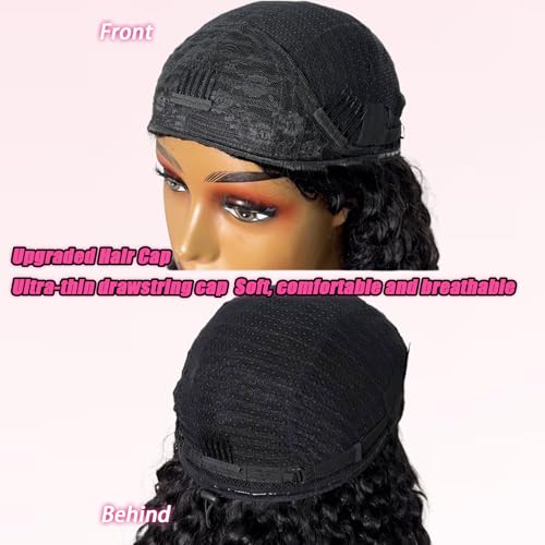 SENSAIRUITE Deep Wave Half Wig Human Hair Curly Half Wigs for Women - Upgrade Drawstring 3 in 1 Seamless Flip Over Glueless Wig 16-inch Natural Black