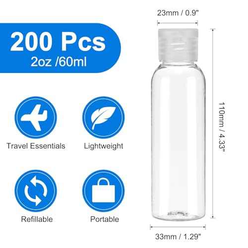 uxcell 2 Oz Plastic Bottles with Flip Caps, 200 Pcs Reusable Travel Size Containers with Lids Plastic Squeeze Refillable Dispensing Bottles for Shampoo, Body Soap, Toner(Transparent)