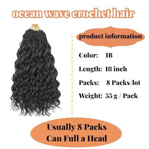 18 Inch Ocean Wave Crochet Hair 8 Packs - Synthetic Pre-Looped Deep Wavy Curly Braiding Hair for Black Women, Boho Style Hair Extensions (18inch,1B - 8 Packs)