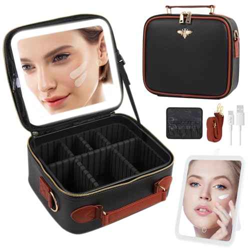 Travel Makeup Bag with Mirror of LED Lighted, Rechargeable Cosmetic Train Case Artist Makeup Organizer for Women with Adjustable Dividers, Makeup Brushes Holder and Strap (CosMirr-Black02)