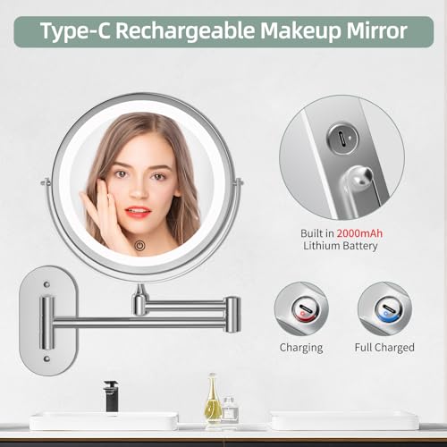 Rechargeable Wall Mounted Lighted Makeup Vanity Mirror 8 inch 1X/10X Magnifying Bathroom Mirror with 3 Color Lights, Double Sided with Dimmable LED Lights, Extended Arm 360¡Æ Swivel Extension Mirror