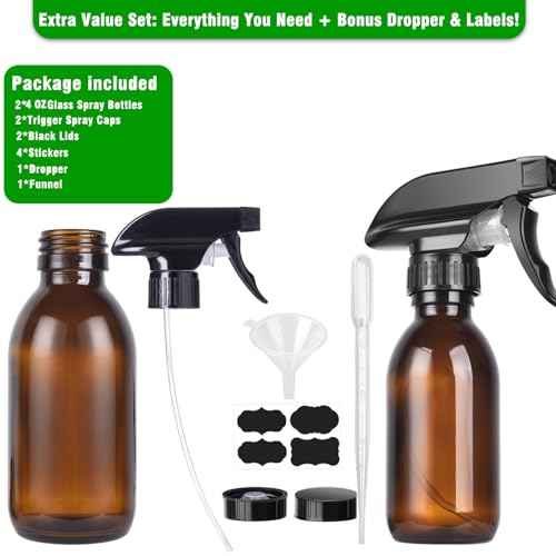 4oz Amber Glass Spray Bottles (2 Pack) - Refillable with Dropper, Funnel & 4 Labels | UV Protection for Essential Oils, Hair Care, Cleaning Solutions