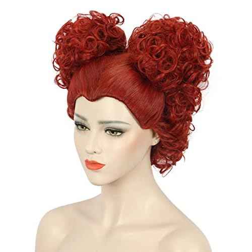 karlery Adult Women Short Curly Red Bud Bal Wig Flat Bangs Updo Chignon Sanderson Costume Wig Halloween Cosplay Party Wig