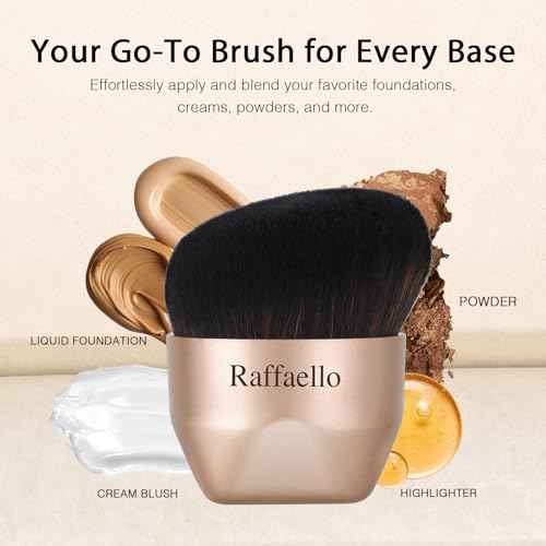Raffaello Angled kabuki Foundation Brush: Fast, Flawless Foundation - Dense Soft Bristles for Streak-Free Liquid, Cream & Powder - Ergonomic Handle for Effortless Blending & Buffing (Champagne Gold)