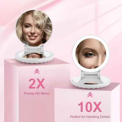 Compact Makeup Mirror with Lights Travel Vanity Mirror with Lights Small Compact Mirror 2x/10x Magnification & LED Lighted, Magnifying Mirror Portable Adjustable Rechargeable, White