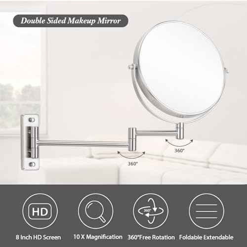 Cerdeco 8 Inch 10X Double Sided Makeup Wall Mount Mirror with Nickel Plated Finished 360¡Æ Swivel Extendable Cosmetic Shaving Magnification Mirror