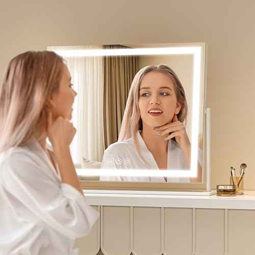 Vanity Mirror with Lights, 24'' x 20'' Lighted Makeup Mirror, Touch Screen with 3-Color Lighting, Dimmable for Vanity Desk Tabletop Square White