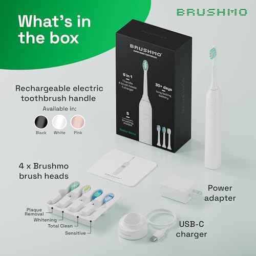 Brushmo Super Sonic Electric Toothbrush with 4 Replacement Heads - Rechargeable Electronic Tooth Brush for Adults with 5 Customizable Modes - IPX7 Waterproof & Long-Lasting Battery - White