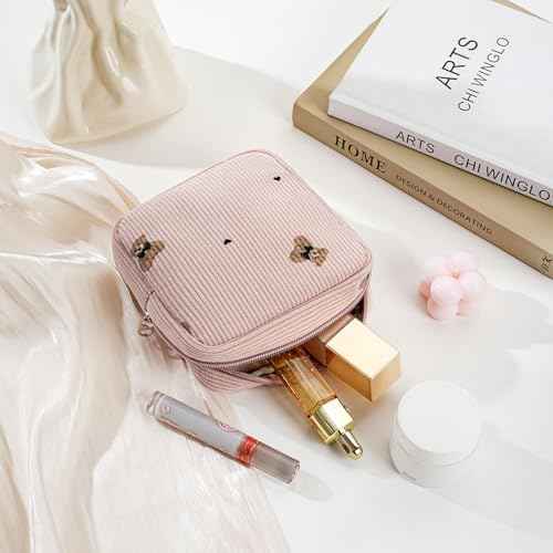 Cute Small Corduroy Zipper Makeup Bag, Mini Coquette Aesthetic Pouch with Bear Pattern for for Purse,Key Pocket Lipstick Bag Card Holder Data Cable Organizer for Women Girls (02Biege Bear)