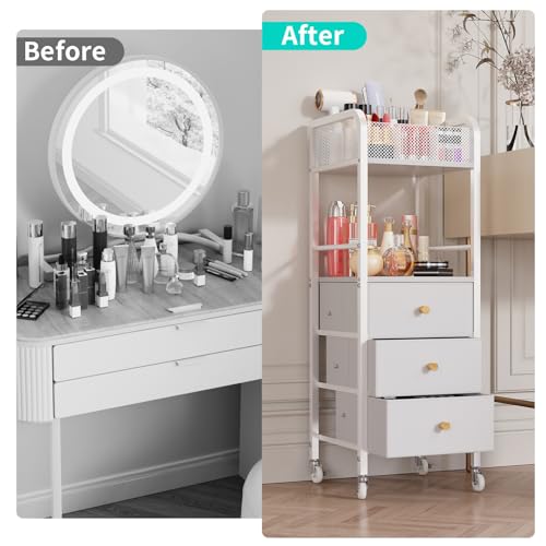 HapiRm Rolling Makeup Cart Organizer - Floor Skincare Make Up Storage with 3 Non-woven Fabric Drawers, Vanity Organizer Cosmetic Display Cases Holder for Skin Care Perfume Nail Polish Brush Hair Tool