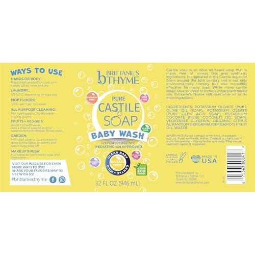 Brittanie¡¯s Pure Castile Liquid Soap Refill, Baby, 32 Ounce Pack of 2 | Dish Soap, Hair & Body, Home, Gentle and Pure, Made with Natural Luxurious Oils, Vegan & Gluten Free Non-GMO