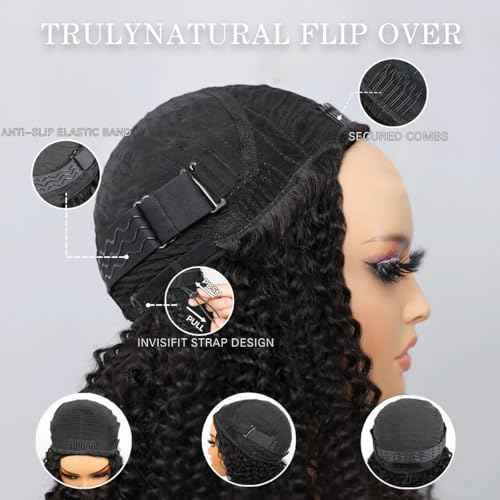 Glueless Wigs Human Hair Water Wave Wigs for Black Women Human Hair 3 in 1 Half Wig with Drawstring Seamless Clip Ins Flip over No Lace Wigs Wet and Wavy 22 Inch