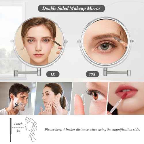 Cerdeco 8 Inch 10X Double Sided Makeup Wall Mount Mirror with Nickel Plated Finished 360¡Æ Swivel Extendable Cosmetic Shaving Magnification Mirror