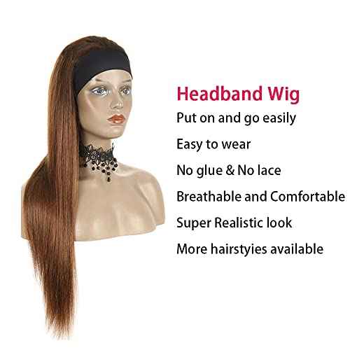 1B30 Straight Headband Wig Ombre Brown Human Hair Headband Wig 130% Density Grade 8A Brazilian Remy Hair Machine Made Wigs Dark Brown Color 20 Inch