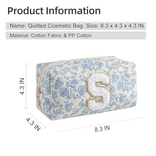 Gleyemor Personalized Initial Makeup Bag for Women, Cute Quilted Blue Floral Cotton Cosmetic Bag, Christmas Gifts for Her Mom Friend Sister Bridesmaid Teacher Women S