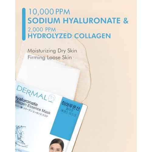 DERMAL Hyaluronate Collagen Essence Facial Mask Sheet 23g Pack of 100 - Hydro Boost Moisturizing for Dry Skin, Smoothing Fine Lines Wrinkles, Daily Skin Treatment Solution Sheet Mask