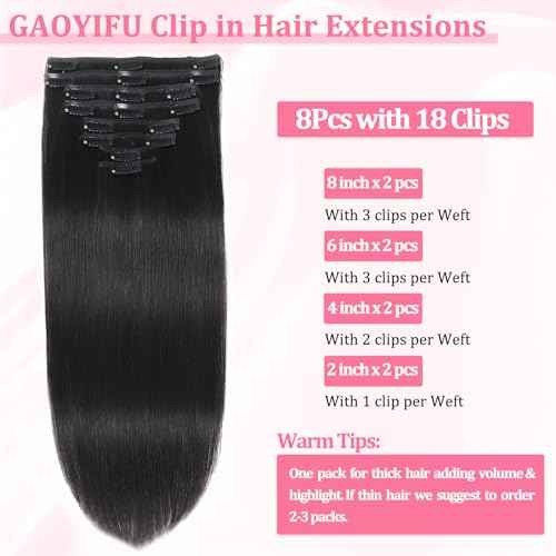 Clip in Hair Extensions Real Human Hair, Seamless Human hair Clip ins Extensions for Women Invisible Straight 8Pcs Double Weft 1B Natural Black 24inch 120g
