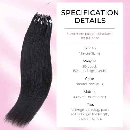 Lashey Micro Link Hair Extensions Human Hair Natural Black 18 Inch Yaki Straight Micro Beads 50g 50s Micro Loop Micro Ring Human Hair Invisible for Women