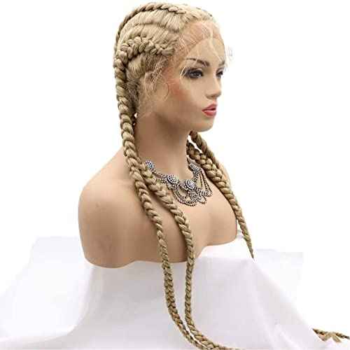 613 Braided Lace Front Wig Blonde French Braided Wigs for Black Women Straight Long Dutch Braids Wig Twisted Braiding Glueless Real Hair Wig Synthetic Heat Resistant Drag Cosplay Daily 30Inch