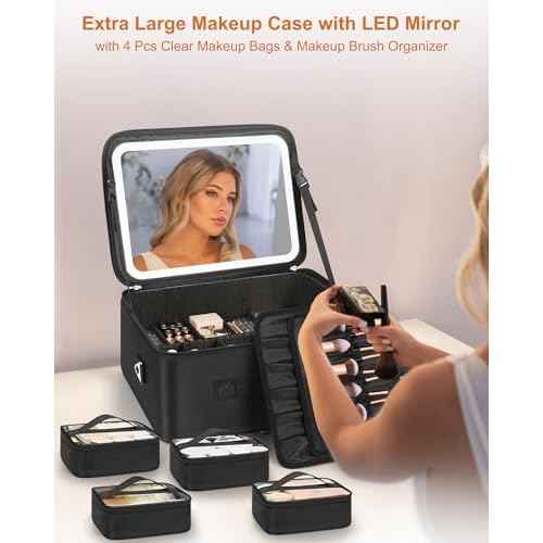 Relavel Extra Large Makeup Bag with LED Mirror, Cosmetic Train Case for Makeup Artists with 4 Removable Pouches and Adjustable Dividers, Hair Supplies Organizer, Travel Portable Mirror with Lights