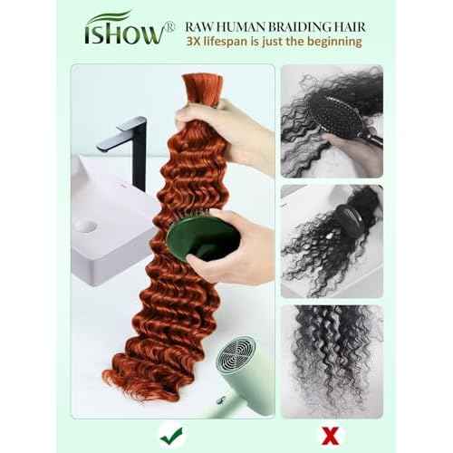 ISHOW Raw Human Braiding Hair, 100% Unprocessed Virgin Human Hair, 15A Deep Wave Boho Hair, 100g 20 Inch (2 Packs), NO.1 Premium Quality Boho Hair Producer, Long Lasting, Dark Ginger Color 350