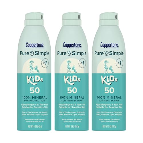 Coppertone Pure and Simple Kids Sunscreen Spray SPF 50, Zinc Oxide Mineral Sunscreen for Sensitive Skin, Hypoallergenic and Tear Free, 5 Oz Can, Pack of 3