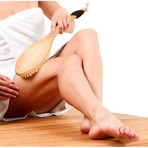 OWIIZI Bath Brush with Cellulite Massagers, Wooden Curved Long Handle Antiskid Dry Brushing Body Brush for Exfoliating, Natural Bristle Back Scrubber for Shower Use Wet or Dry for Men Women Elders