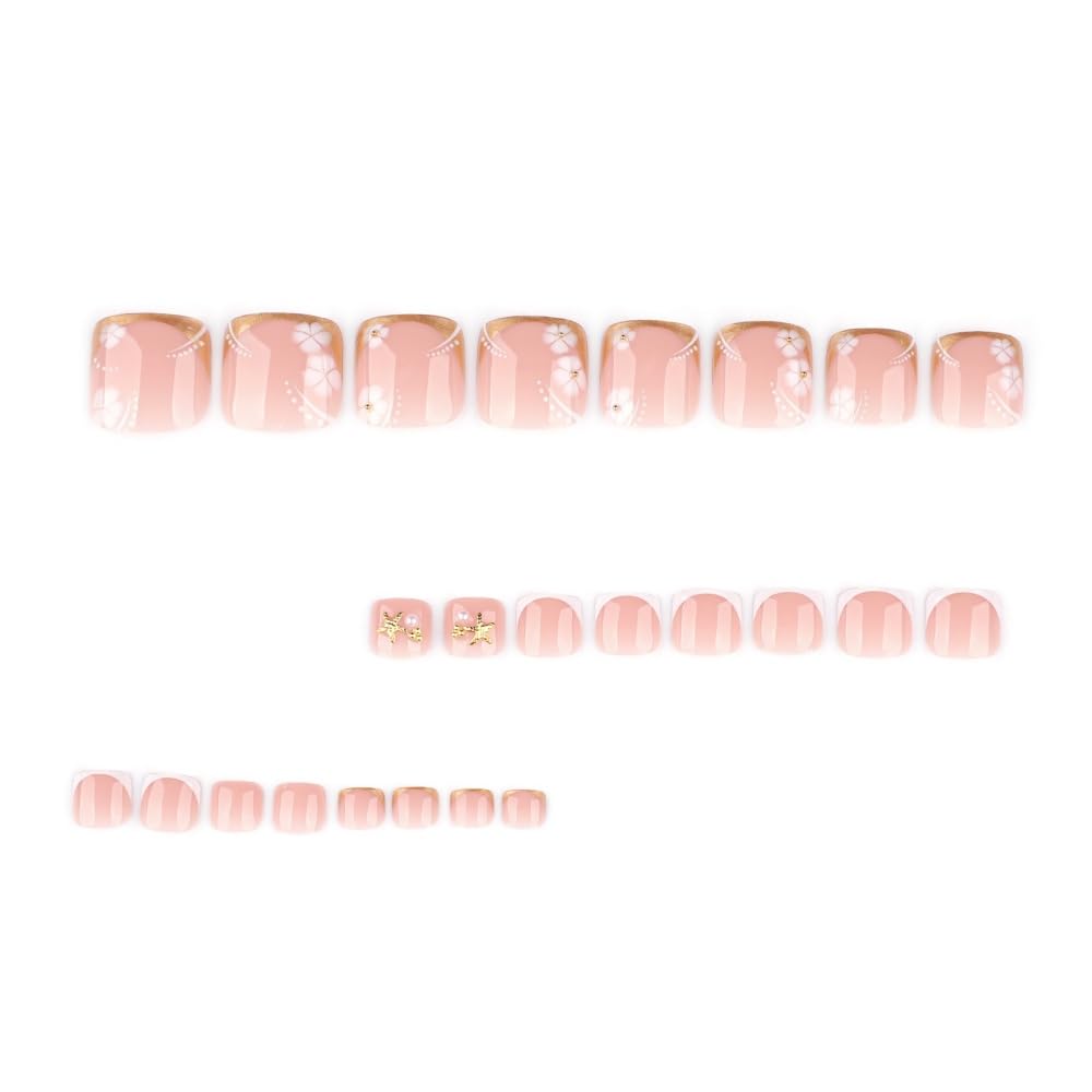 Toenails Square Fake Toenails Glossy French Tip Press on Toenails Solid Short Acrylic False Toes Nails with Designs Artificial Full Cover Toenail for Women Manicure 24 Pcs