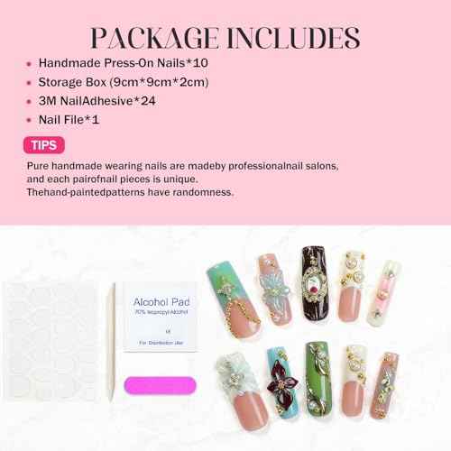 Handmade Press on Nails Long Square Fake Nails Luxury Pearl Rhinestone & 3D Flower Art Designs Salon Quality Acrylic Nails French Tip Gold Rose Steel Ball False Nails Stick on Nail for Women£¨Size M)