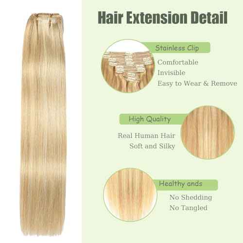 26 Inch P27/613 Blonde Clip in Hair Extensions - Real Remy Human Hair, 120g 7pcs, Highlight Blonde Human Hair Extensions Clip ins for Women