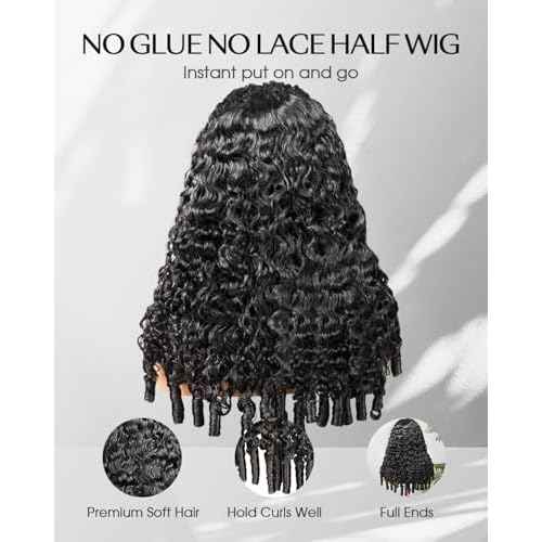 Burmese Curly Half Wig Human Hair 200% Density Put on and Go Glueless Wigs with Drawstring 3 In 1 Flip Over Headband Wig for Women Beginner Friendly 20 inch