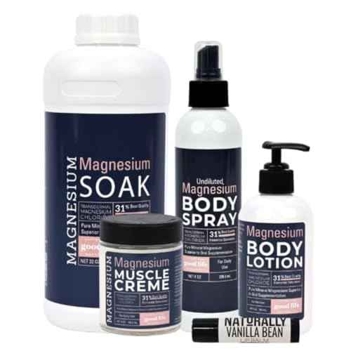 Magnesium Bundle - Magnesium Soak, Body Lotion, Muscle Cream and Topical Body Spray with a Vanilla Bean Lip Balm, Organic, Natural, Pure (BOTTLE COLOR MAY VARY)