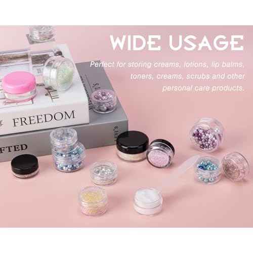 100 Count 3 Gram Sample Containers, Clear Lip Balm Containers with Lids, Small Plastic Sample Jars with 8 Mini Spoons, 100pcs Labels (Clear Lid)