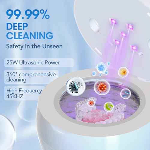Ultrasonic Retainer Cleaner Machine, Cleaning Pod for Jewelry Cleaner, Dentures, Mouth Guards, Rings, Earrings, Glasses- 200ML 45kHz One-Touch 5-Minute Deep Clean (White)