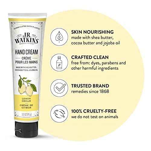 J.R. Watkins Natural Moisturizing Hand Cream, Hydrating Hand Moisturizer with Shea Butter, Cocoa Butter, and Avocado Oil, Cruelty Free, 3.3oz, Lemon Cream, 3 Pack