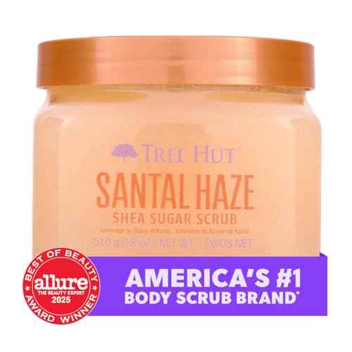 Tree Hut Santal Haze Shea Sugar Scrub, Exfoliating, Hydrating & Moisturizing Body Scrub with Shea Butter & Nourishing Essential Oils, Smooth & Soften Skin, 18 oz