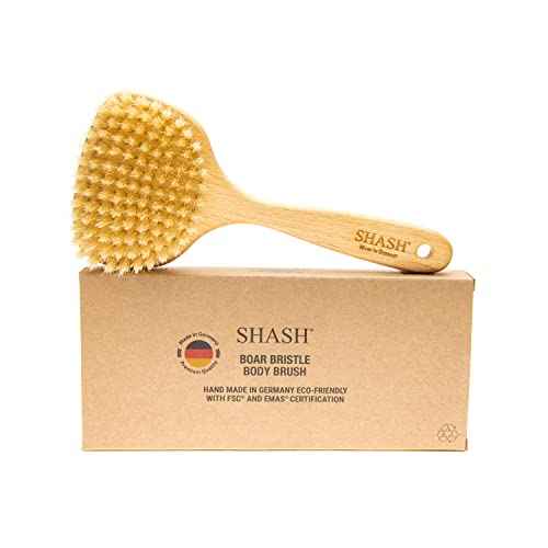 SHASH Since 1869 Hand Made in Germany - Smooth 100% Boar Bristle Body Brush, Gently Exfoliates Skin for a Softer, Smoother Complexion, Dry Brush Body Scrubber Promotes Circulation for a Healthy Glow