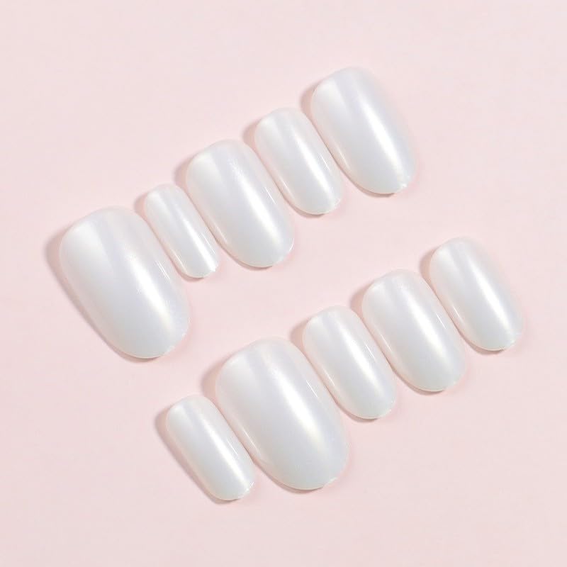 Skiennix White Chrome Press-On Nails - Short Almond Shape, Glossy Full Cover, 24 Pcs for Stunning Manicure