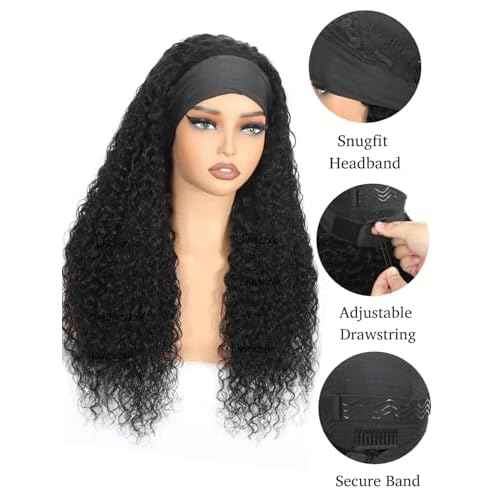 Water Wave Headband Wig Human Hair 18inch Curly Drawstring Headband Wigs Human Hair Wear and Go Glueless Wigs for Black Women Brazilian Virgin Hair 220 Density Natural Color