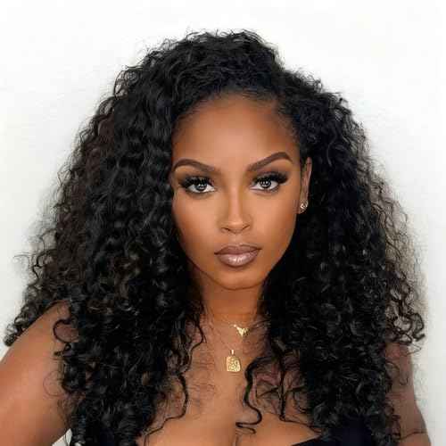 SENSAIRUITE Deep Wave Half Wig Human Hair Curly Half Wigs for Women - Upgrade Drawstring 3 in 1 Seamless Flip Over Glueless Wig 22-inch Natural Black
