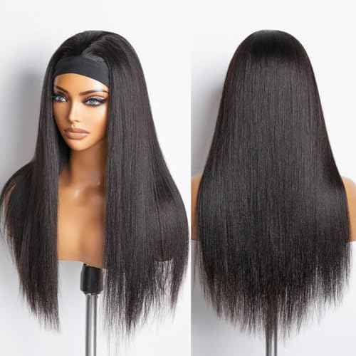 Straight Headband Wig Human Hair Brazilian Virgin Human Hair Wigs for Black Women Glueless Half Wig Machine Made No Lace Front Headband Wig Natural Black Color 22 Inch