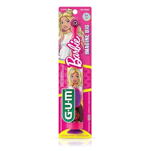GUM Barbie Kids Battery Power Electric Toothbrush with Suction Cup Base for Home or Travel Oral Health and Dental Plaque Removal, Ages 3+, 1ct(4Pk)