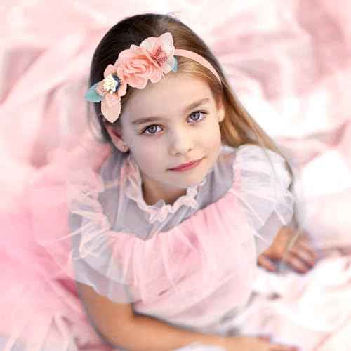 5 Pieces Pink Ivory Chiffon Flower Plasitc Headbands Floral Hair Bands Hoops Accessories for Baby Girls Toddlers Kids Teens