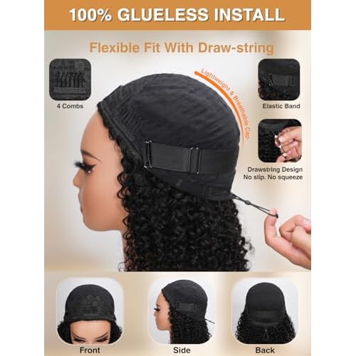 Kinky Curly Half Wig Human Hair 200% Density Wear Go Glueless Wigs Human Hair 3 In 1 Drawstring Seamless Flip Over Wig for Women Daily Wear Headband Wig Beginner Friendly Black (16inch)