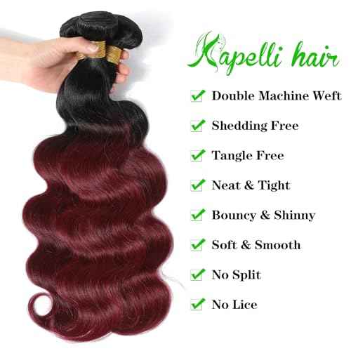 Kapelli Hair Ombre Human Hair Bundles Body Wave (14 16 18) 100% Unprocessed Brazilian Virgin Remy Hair Body Wave Bundles 2 Tone Black to Burgundy Human Hair Weave for Women
