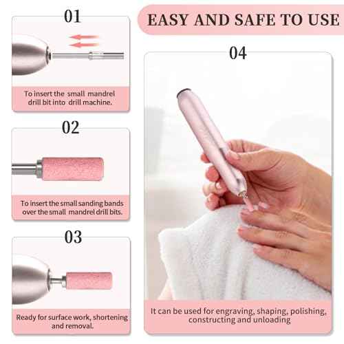 300Pcs Small Sanding Bands for Nail Drill Bits Set, Mini Sanding Bands with 2 Mandrel Bits Coarse Fine Grit #150#180#240 Grits, Professional for Acrylic Nails Manicures and Pedicure-Pink