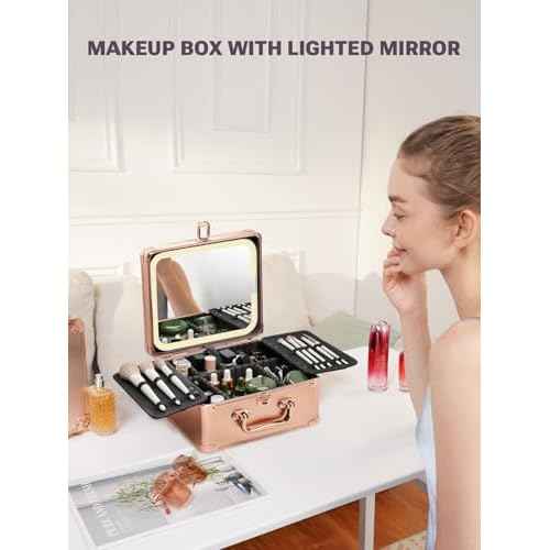 Qislee Makeup Box with A Detachable Lighted Mirror, Waterproof Travel Train Case, Cosmetic Organizer and Makeup Suitcase with Adjustable Dividers, Magnetic LED Mirror(Rose Gold)