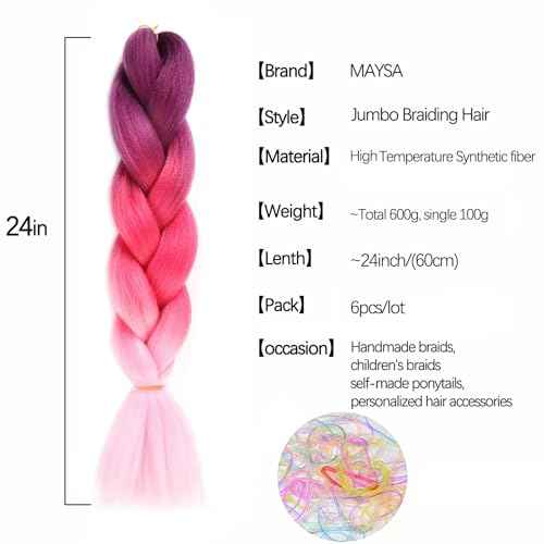 Colorful Braiding Hair Ombre Braiding Hair Extensions 24in 6Packs Pre stretched Braids Hair for Girls #Purple-Hot Pink-Pink