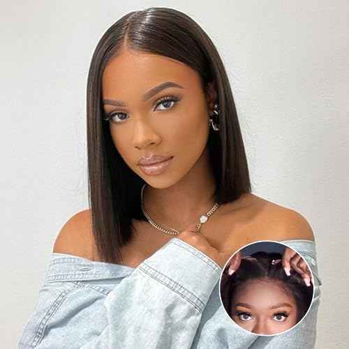 Wear and Go Glueless Bob Wig Human Hair Straight, 6x4 Pre-Cut HD Lace Glueless Wigs Pre-Plucked, Transparent Lace Front Closure Wigs for Women 180% Density 12 inch